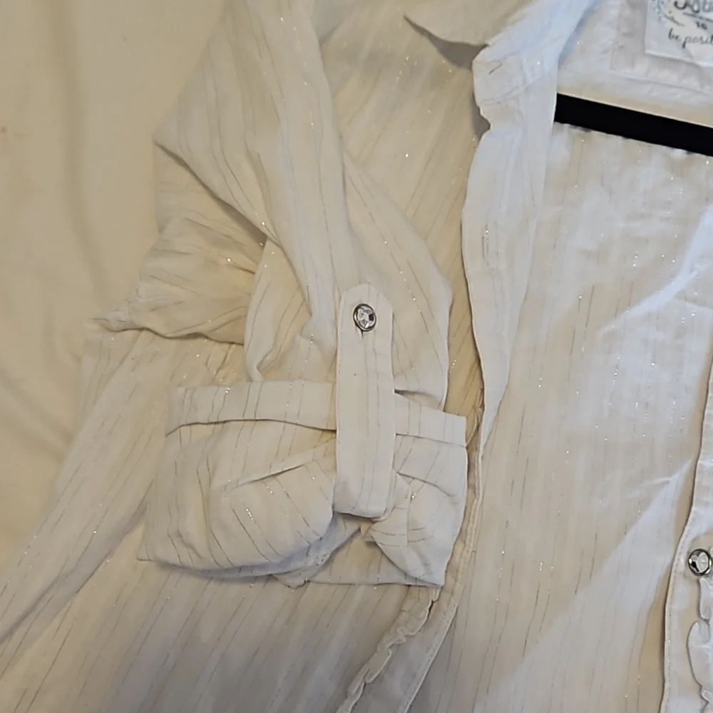 White Justice Button Down With Silver Stripes  Girls Size 16